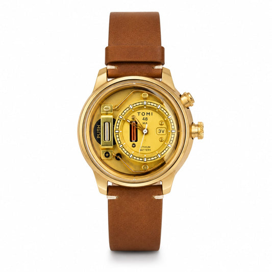 TOMI Men's Luxury Gold Leather Strap Watch – Industrial Skeleton Style Dial