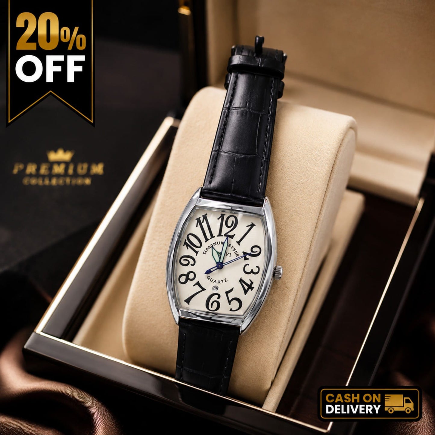 Luxury Tonneau-Shaped Classic Watch with Black Leather Strap