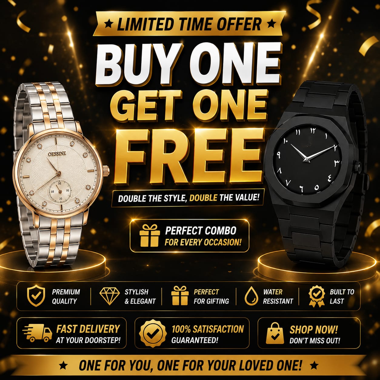Buy One Get One Free – Two-Tone & Black Premium Watch Combo