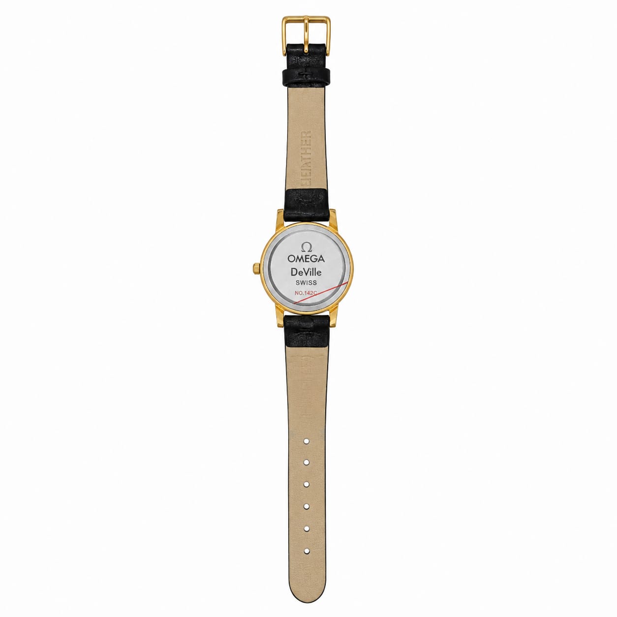 Omega De Ville Women's Black Leather Strap Watch – Gold Case Classic Analog Wristwatch