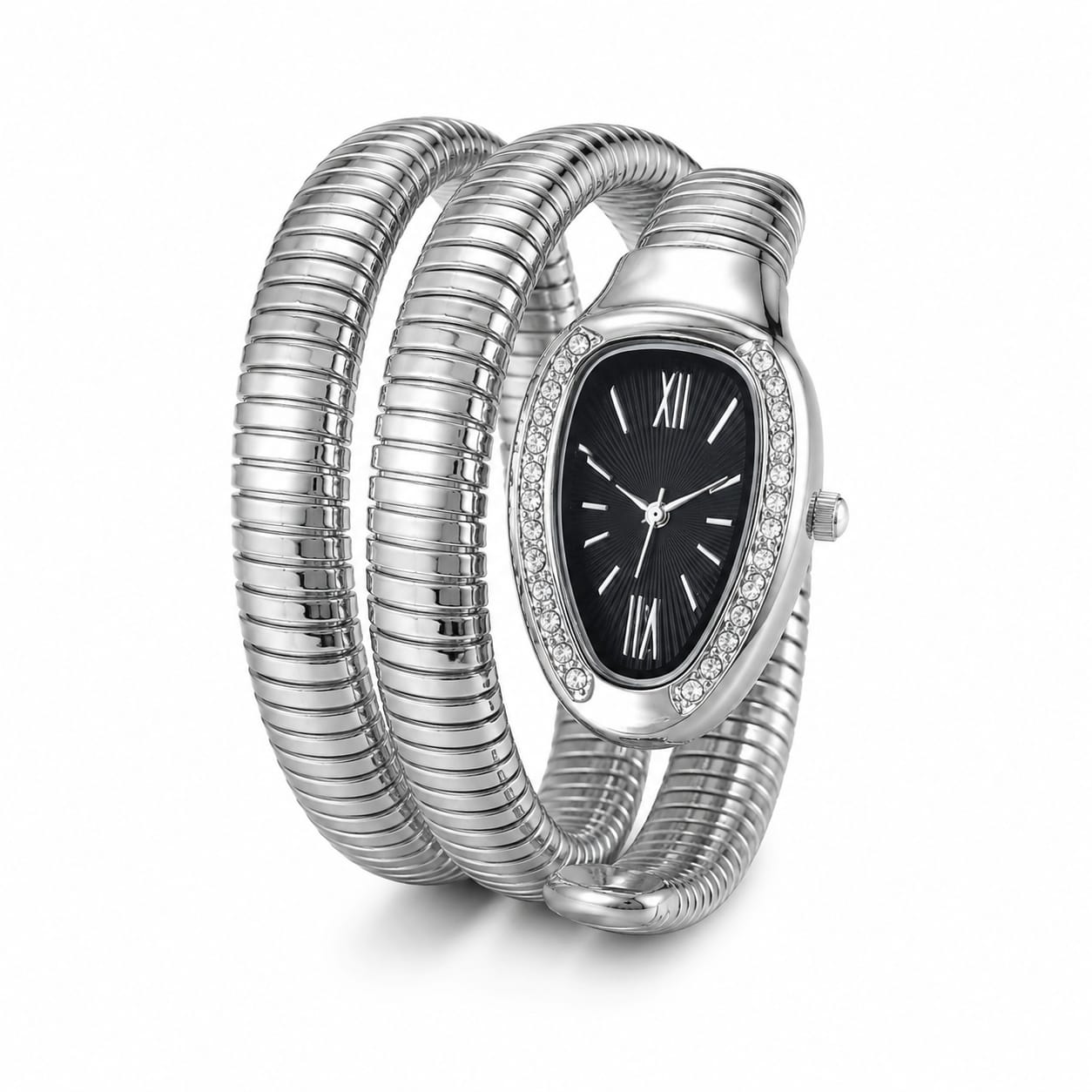 Luxury Women's Silver Snake Coil Bracelet Watch – Crystal Bezel Black Dial