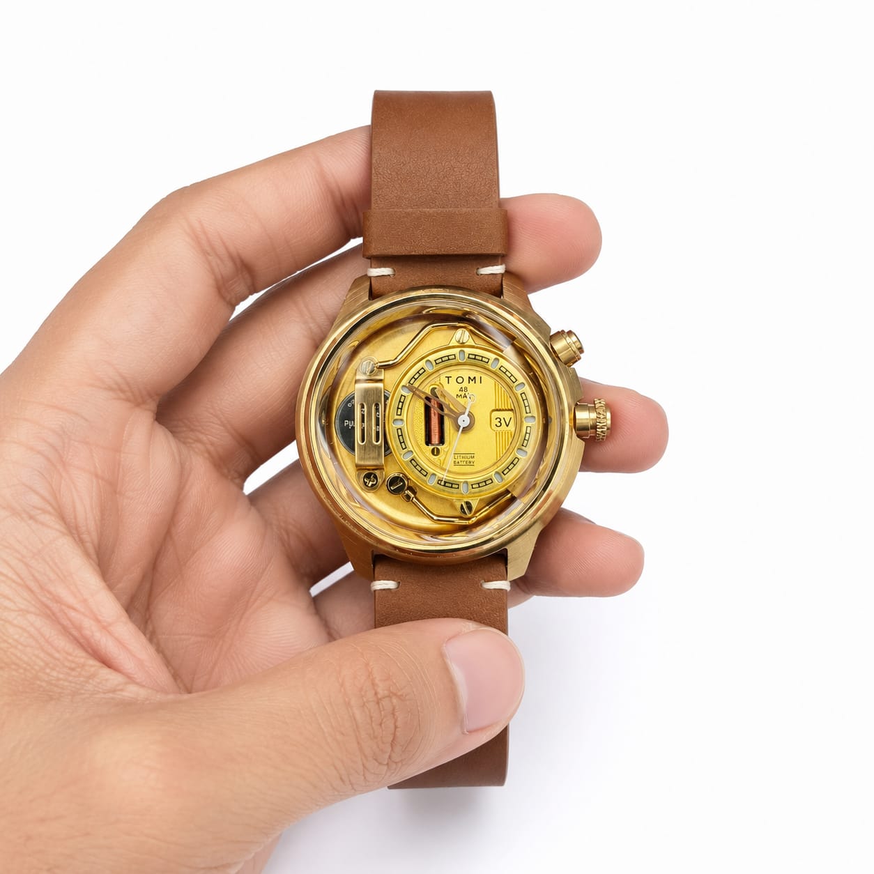 TOMI Men's Luxury Gold Leather Strap Watch – Industrial Skeleton Style Dial