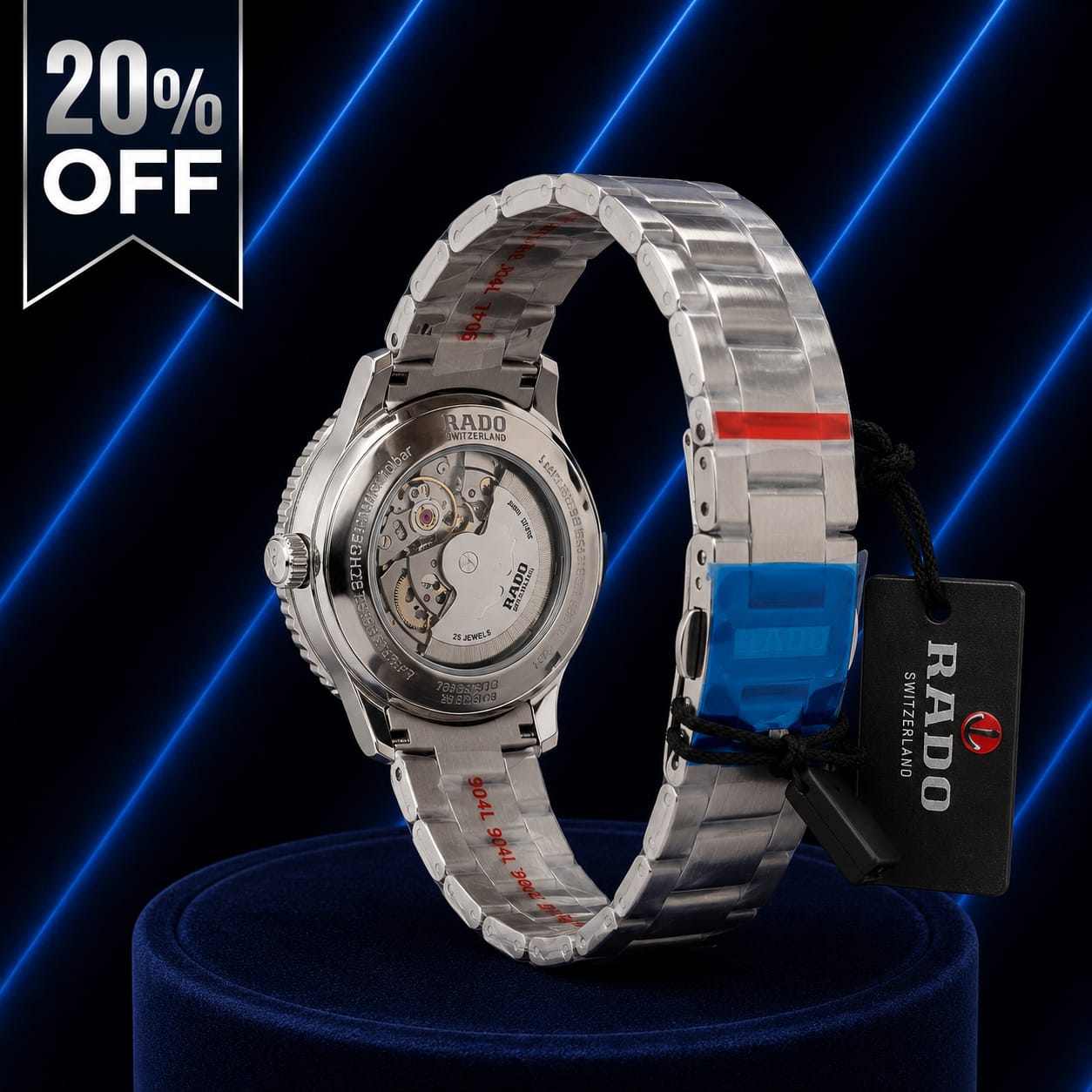 Luxury Skeleton Automatic Watch – Blue Bezel & Silver Stainless Steel Strap