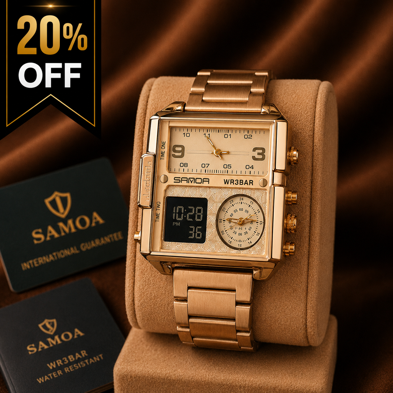 SAMOA Luxury Dual Display Men's Watch | Gold Stainless Steel | Analog & Digital