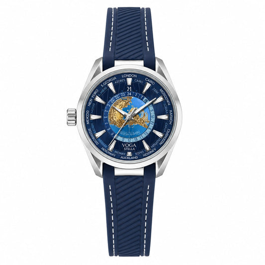Luxury World Time Automatic Men's Watch – Blue Dial | Blue Silicone Strap | Stainless Steel Case