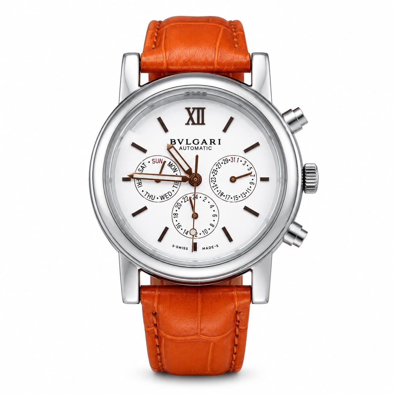 Automatic Multifunction Leather Strap Watch – White Dial & Orange Strap