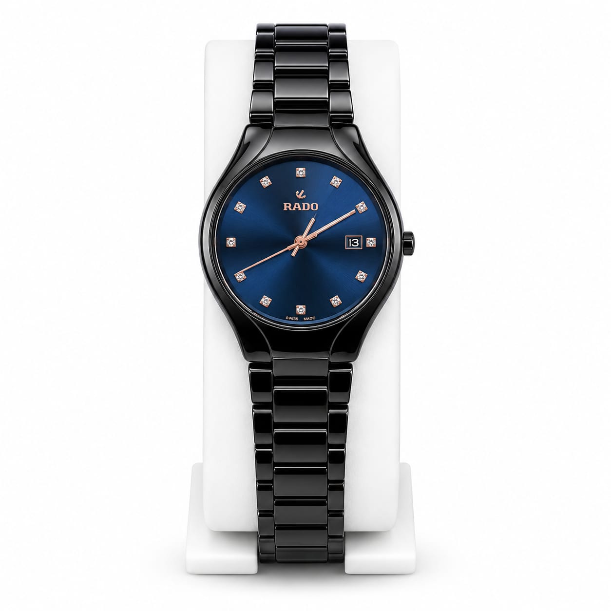 Luxury Women's Black Ceramic Watch – Blue Dial Crystal Wristwatch