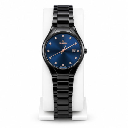 Luxury Women's Black Ceramic Watch – Blue Dial Crystal Wristwatch