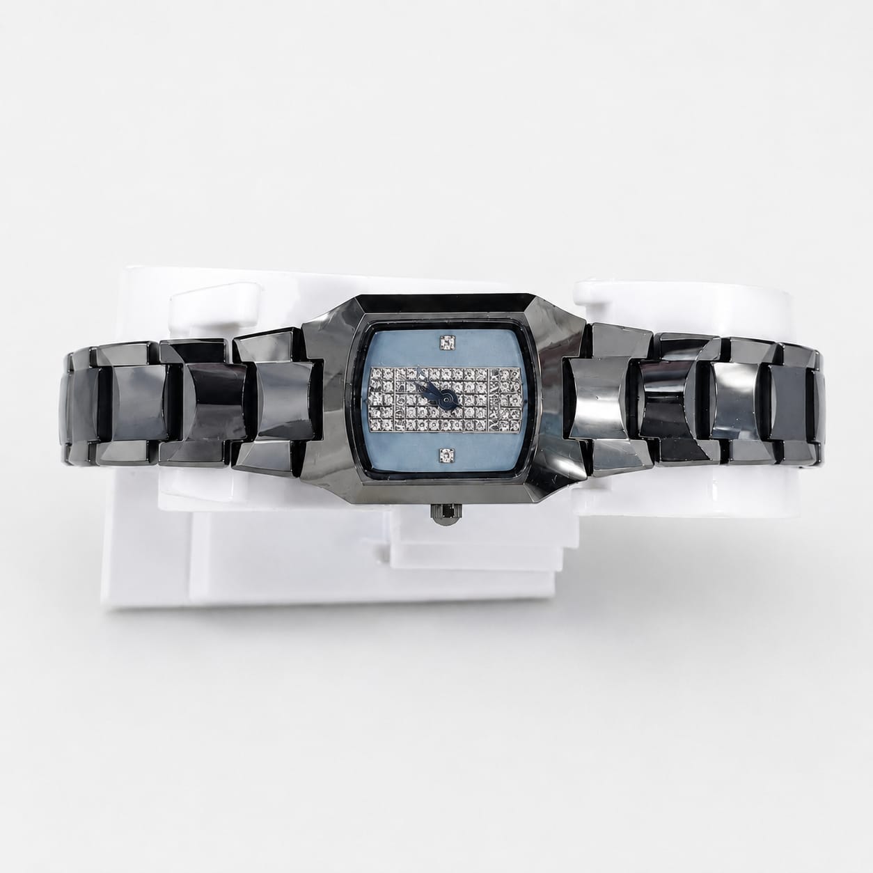 Luxury Women's Black & Silver Watch – Light Blue Crystal Dial Stainless Steel Wristwatch