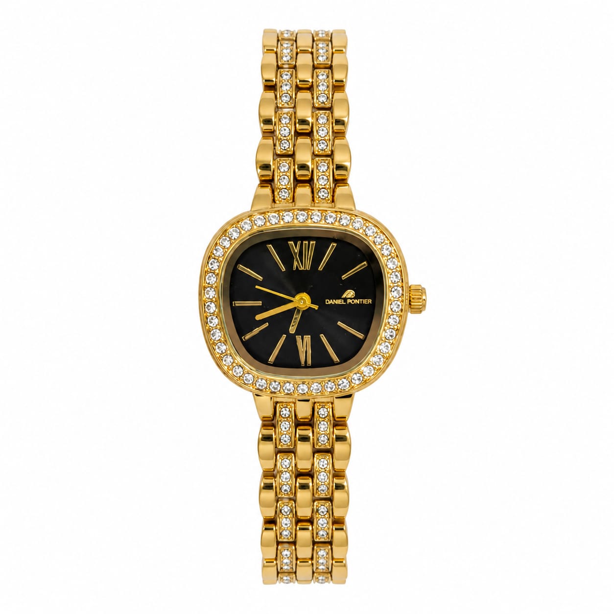 Daniel Pontier Women's Gold Crystal Bracelet Watch – Black Dial Luxury Analog Wristwatch