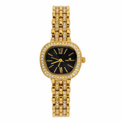 Daniel Pontier Women's Gold Crystal Bracelet Watch – Black Dial Luxury Analog Wristwatch