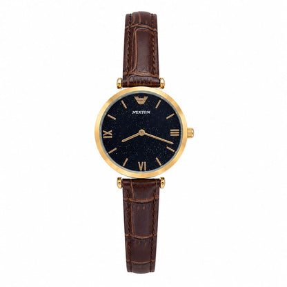 NEXTOM Women's Brown Leather Strap Watch – Black Dial Gold Case Elegant Analog Wristwatch