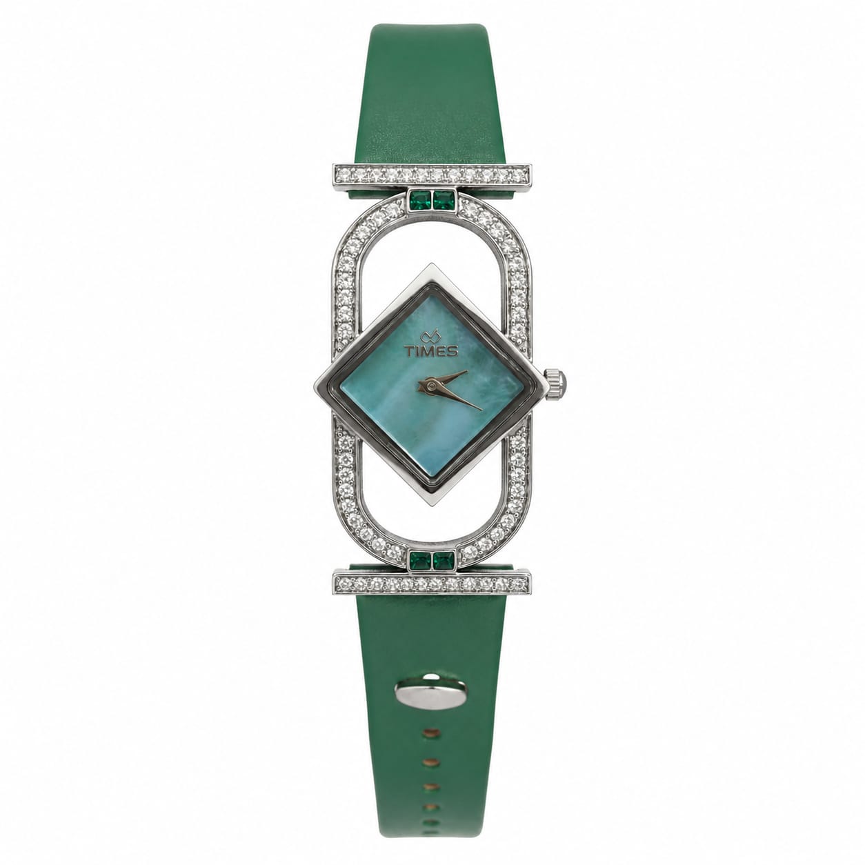 TIMES Women's Luxury Green Leather Strap Watch – Diamond-Style Silver Case Analog Wristwatch