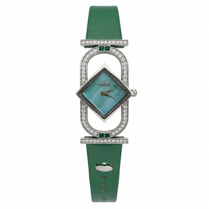 TIMES Women's Luxury Green Leather Strap Watch – Diamond-Style Silver Case Analog Wristwatch