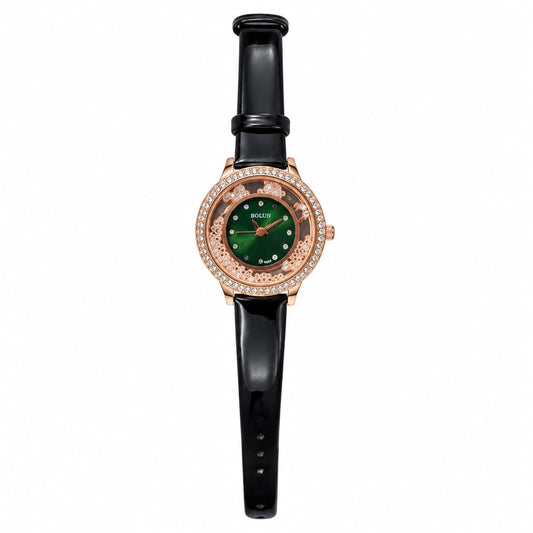 BOLUN Women's Rose Gold Crystal Watch – Green Dial Black Leather Strap Analog Wristwatch