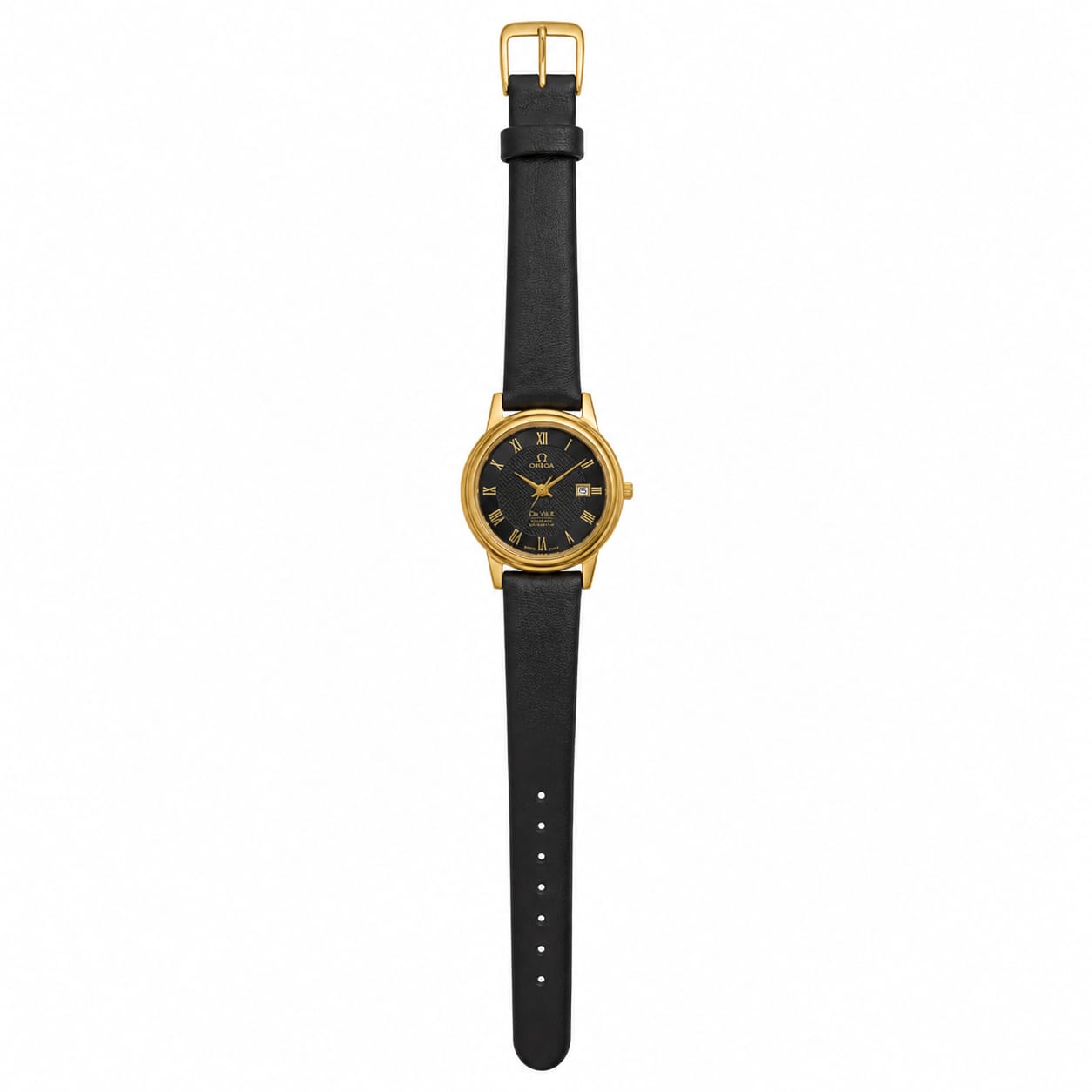 Omega De Ville Women's Black Leather Strap Watch – Gold Case Classic Analog Wristwatch