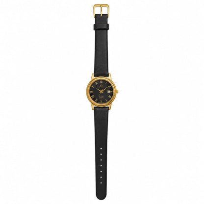 Omega De Ville Women's Black Leather Strap Watch – Gold Case Classic Analog Wristwatch