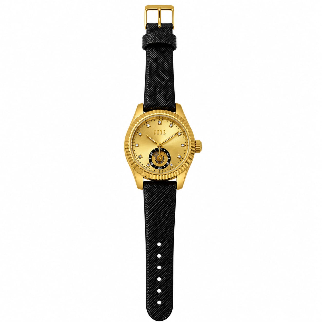 DIYE Women's Gold Tone Watch – Black Textured Strap Luxury Analog Wristwatch