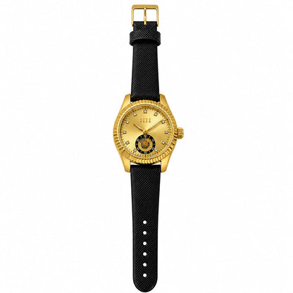 DIYE Women's Gold Tone Watch – Black Textured Strap Luxury Analog Wristwatch