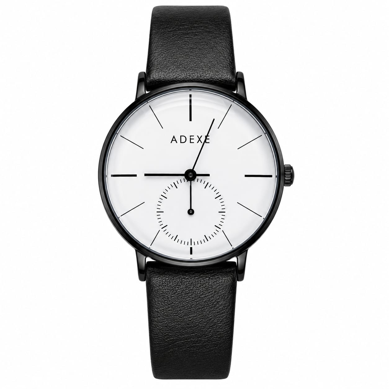 ADEXE Minimalist Black Leather Strap Watch – White Dial Analog Wristwatch