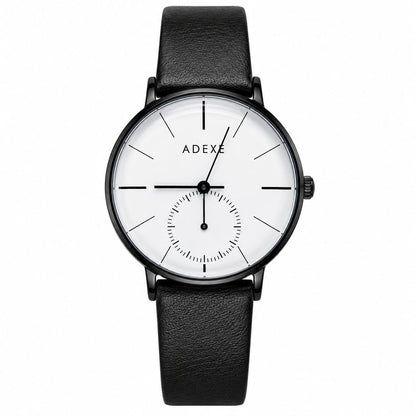ADEXE Minimalist Black Leather Strap Watch – White Dial Analog Wristwatch