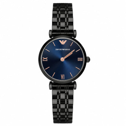 Emporio Armani Women's Black Stainless Steel Watch with Blue Dial – Quartz Analog Wrist Watch