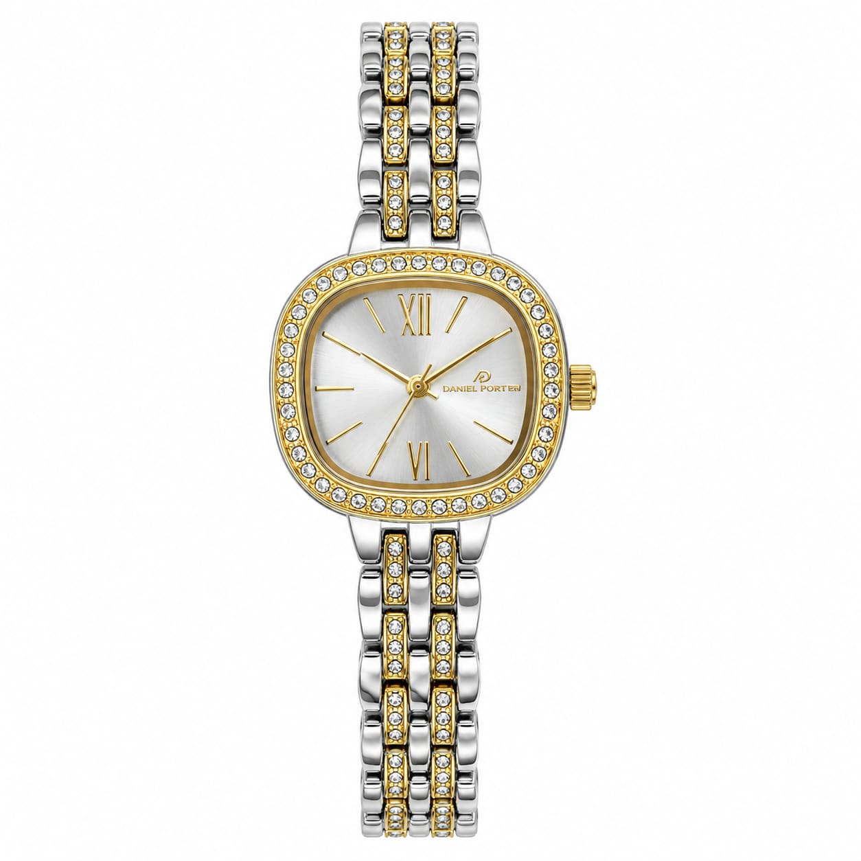 Daniel Porter Women's Crystal Bezel Two-Tone Bracelet Quartz Watch – Silver & Gold