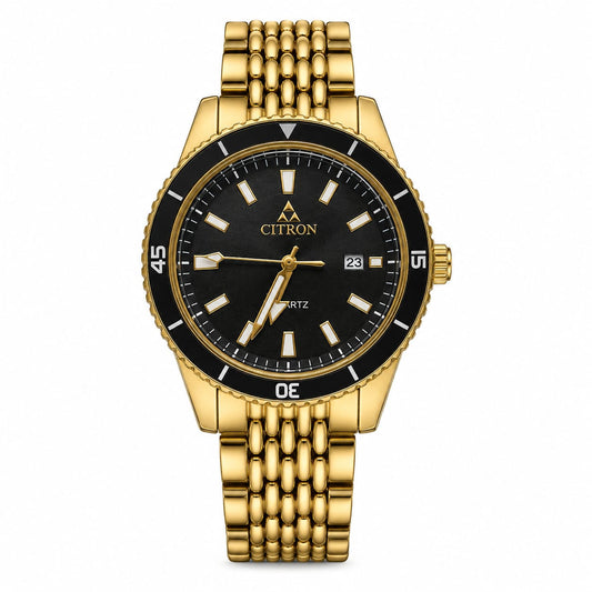 Citron Gold Stainless Steel Date Watch – Luxury Black Dial Men's Wristwatch