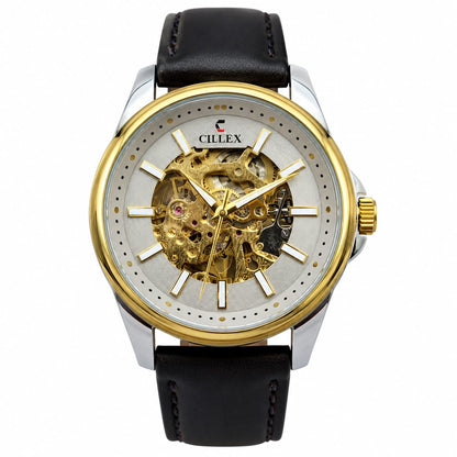CILLEX Automatic Skeleton Men's Leather Strap Watch – Black & Gold | Transparent Mechanical Dial