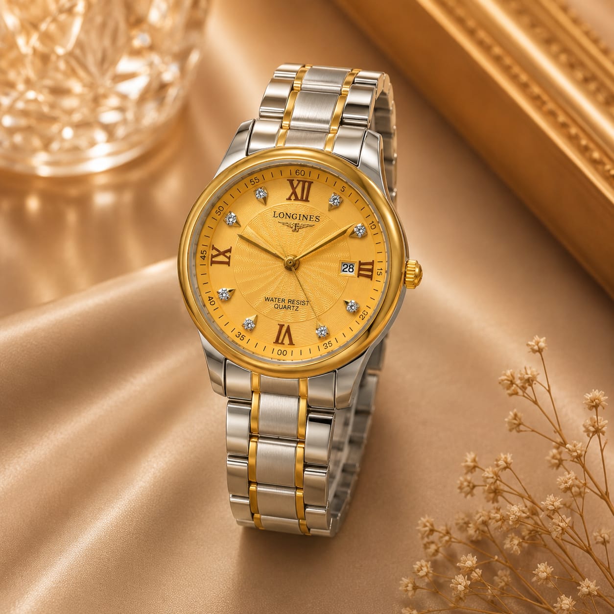 Luxury Two-Tone Gold & Silver Quartz Watch – Stainless Steel Date Display Wristwatch