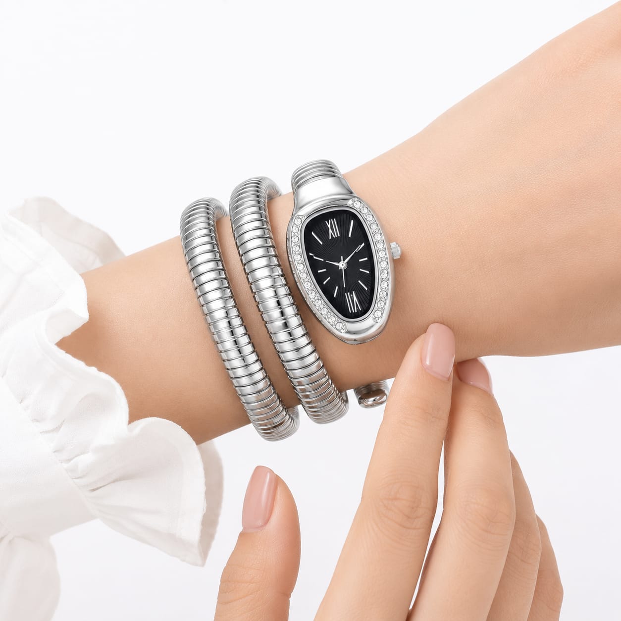 Luxury Women's Silver Snake Coil Bracelet Watch – Crystal Bezel Black Dial