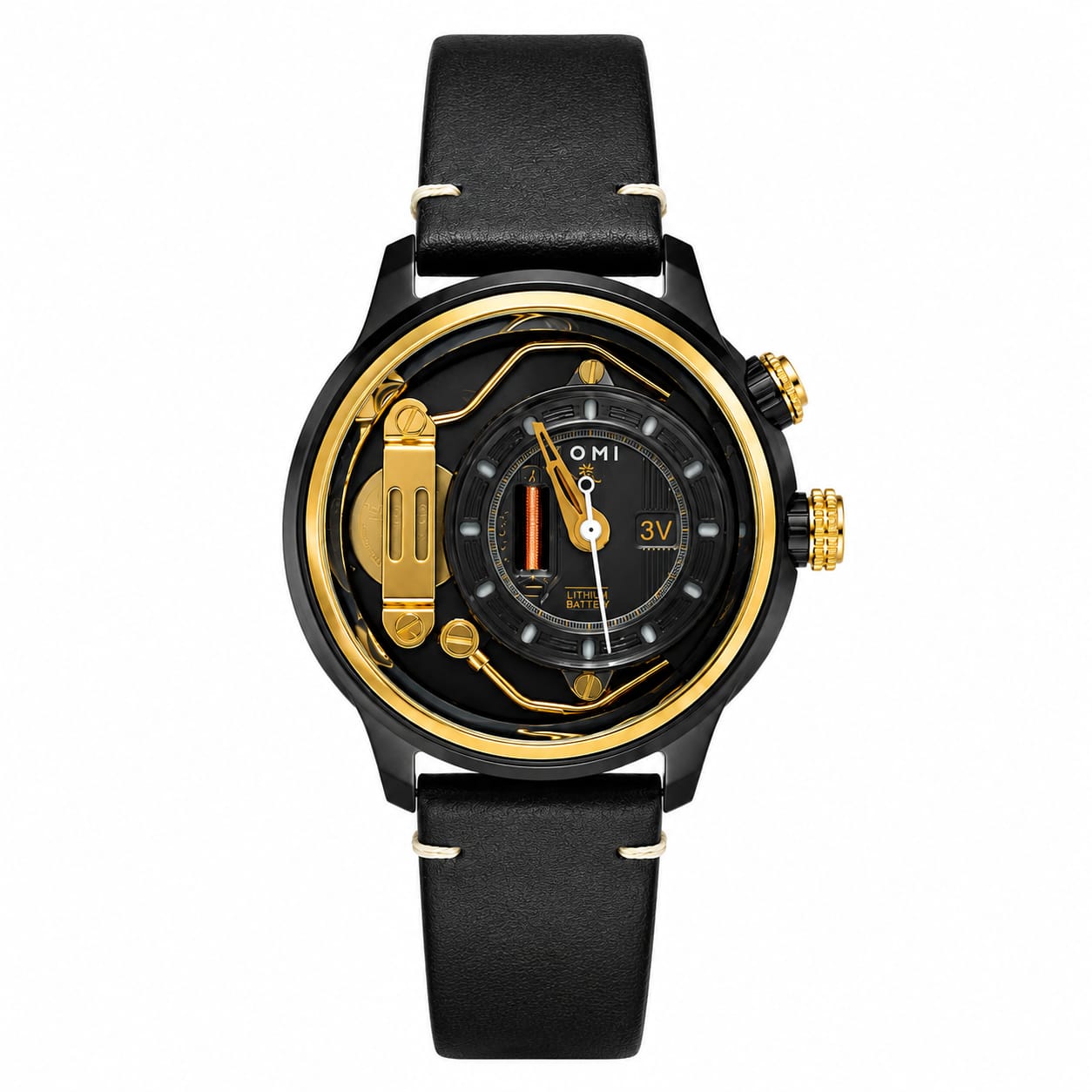 TOMI Men's Black & Gold Luxury Leather Strap Watch – Industrial Skeleton Dial