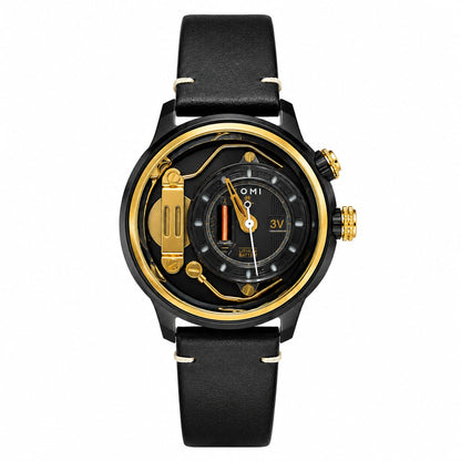 TOMI Men's Black & Gold Luxury Leather Strap Watch – Industrial Skeleton Dial