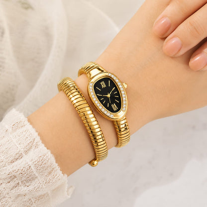Luxury Women's Gold Snake Coil Bracelet Watch – Crystal Black Dial