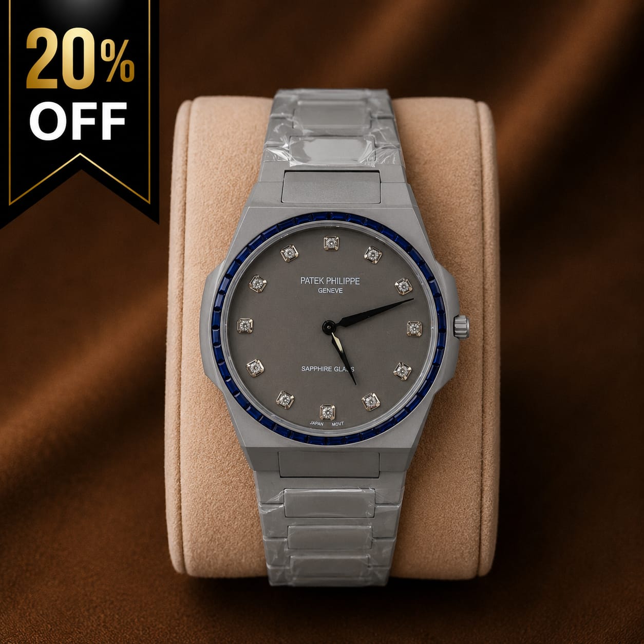 Patek Philippe Style Grey Dial Stainless Steel Men's Watch with Blue Bezel