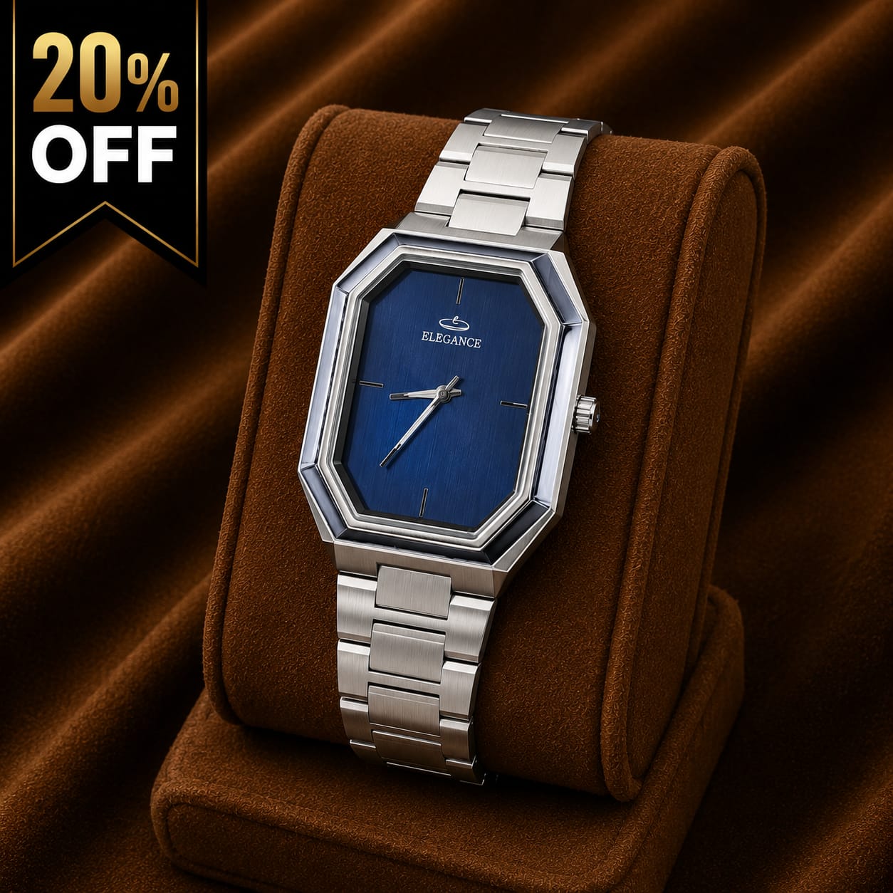 Elegance Silver Stainless Steel Watch – Blue Octagonal Dial