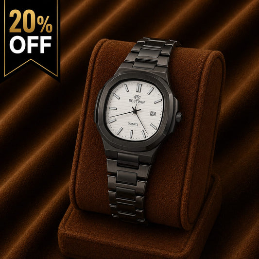 Bestwin Black Stainless Steel Watch – White Textured Dial
