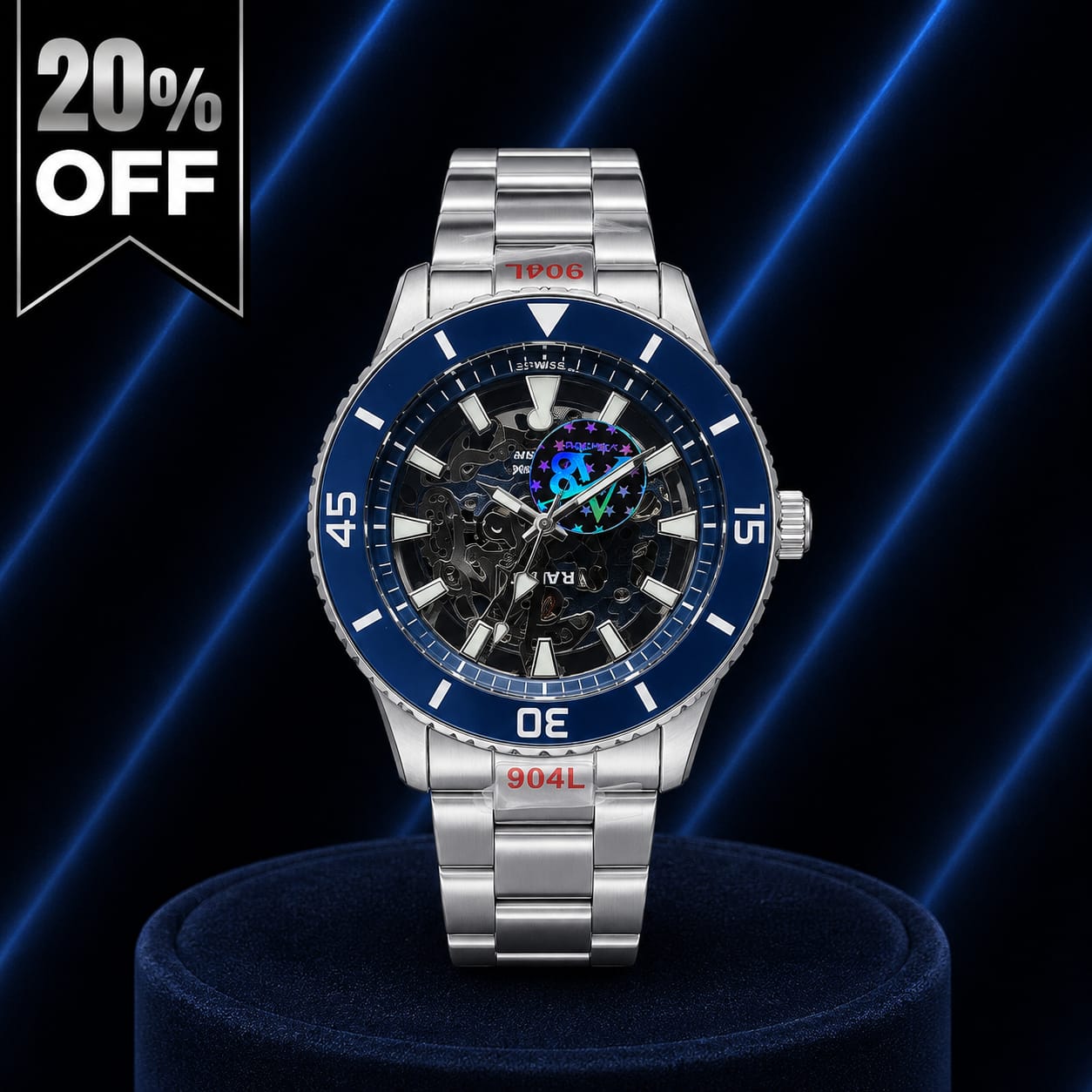 Luxury Skeleton Automatic Watch – Blue Bezel & Silver Stainless Steel Strap