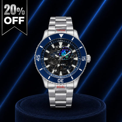 Luxury Skeleton Automatic Watch – Blue Bezel & Silver Stainless Steel Strap
