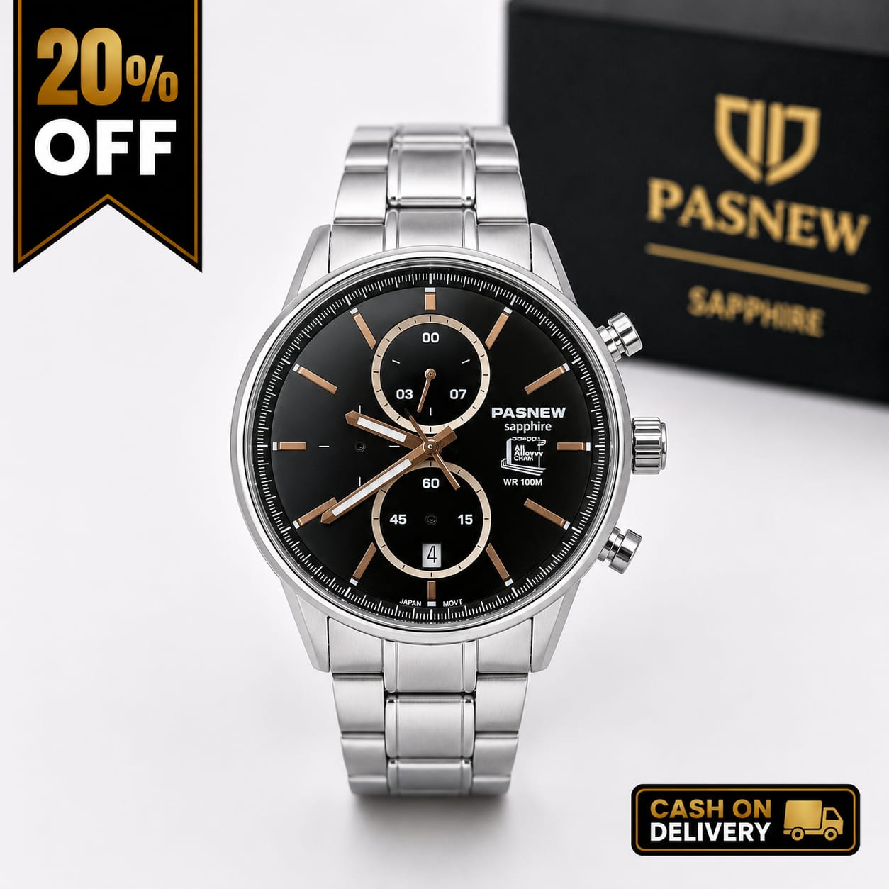 Luxury Silver Stainless Steel Chronograph Watch with Black Dial for Men