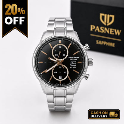 Luxury Silver Stainless Steel Chronograph Watch with Black Dial for Men