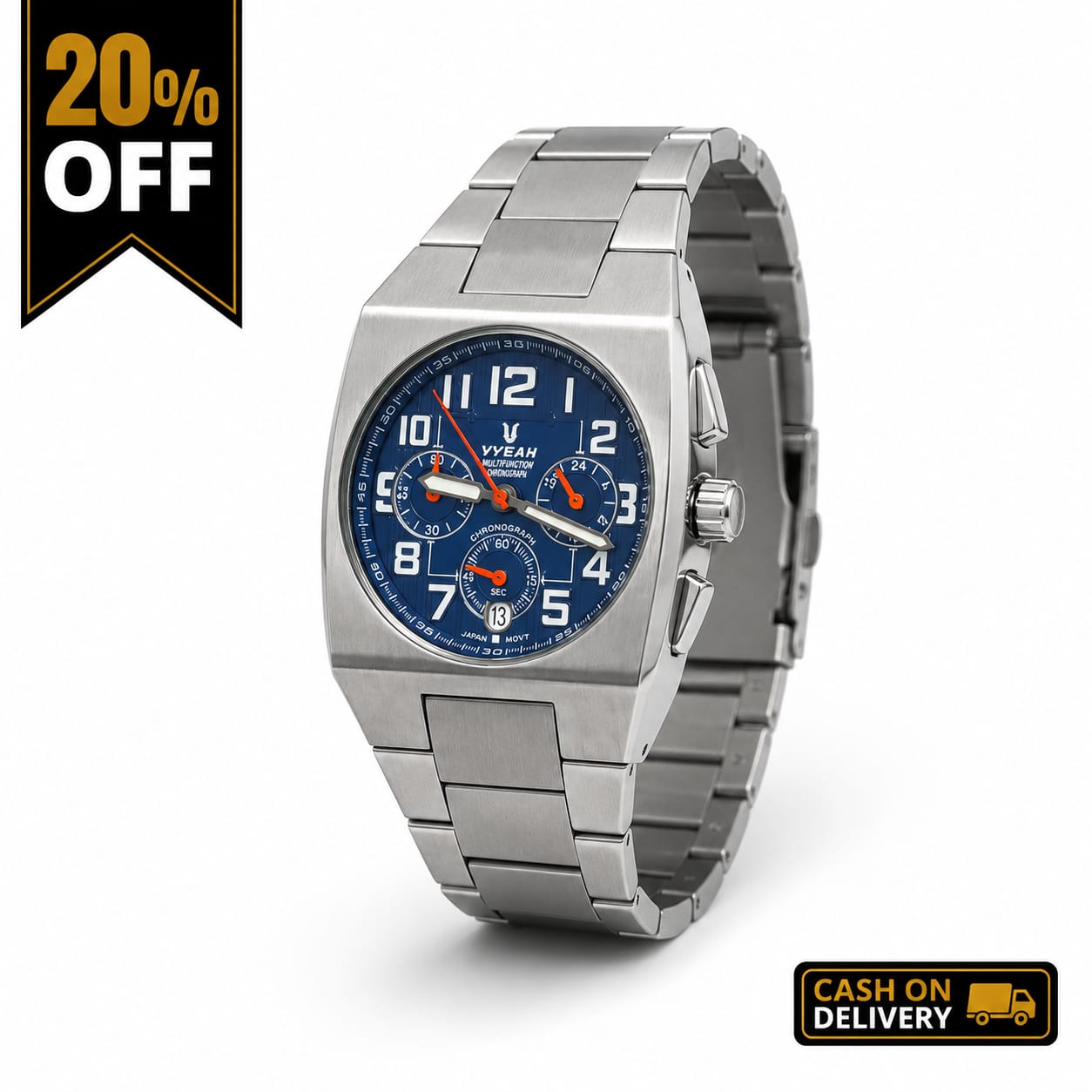 Luxury Silver Tonneau Chronograph Watch with Blue Dial for Men