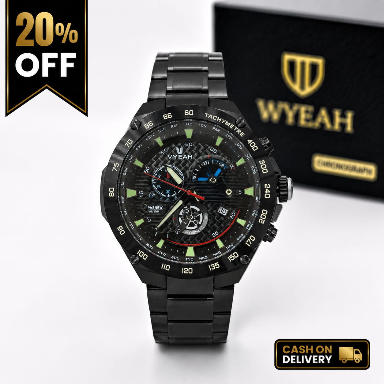 Luxury All-Black Stainless Steel Chronograph Watch for Men