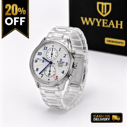 Luxury Silver Chronograph Watch with White Dial & Blue Hands for Men