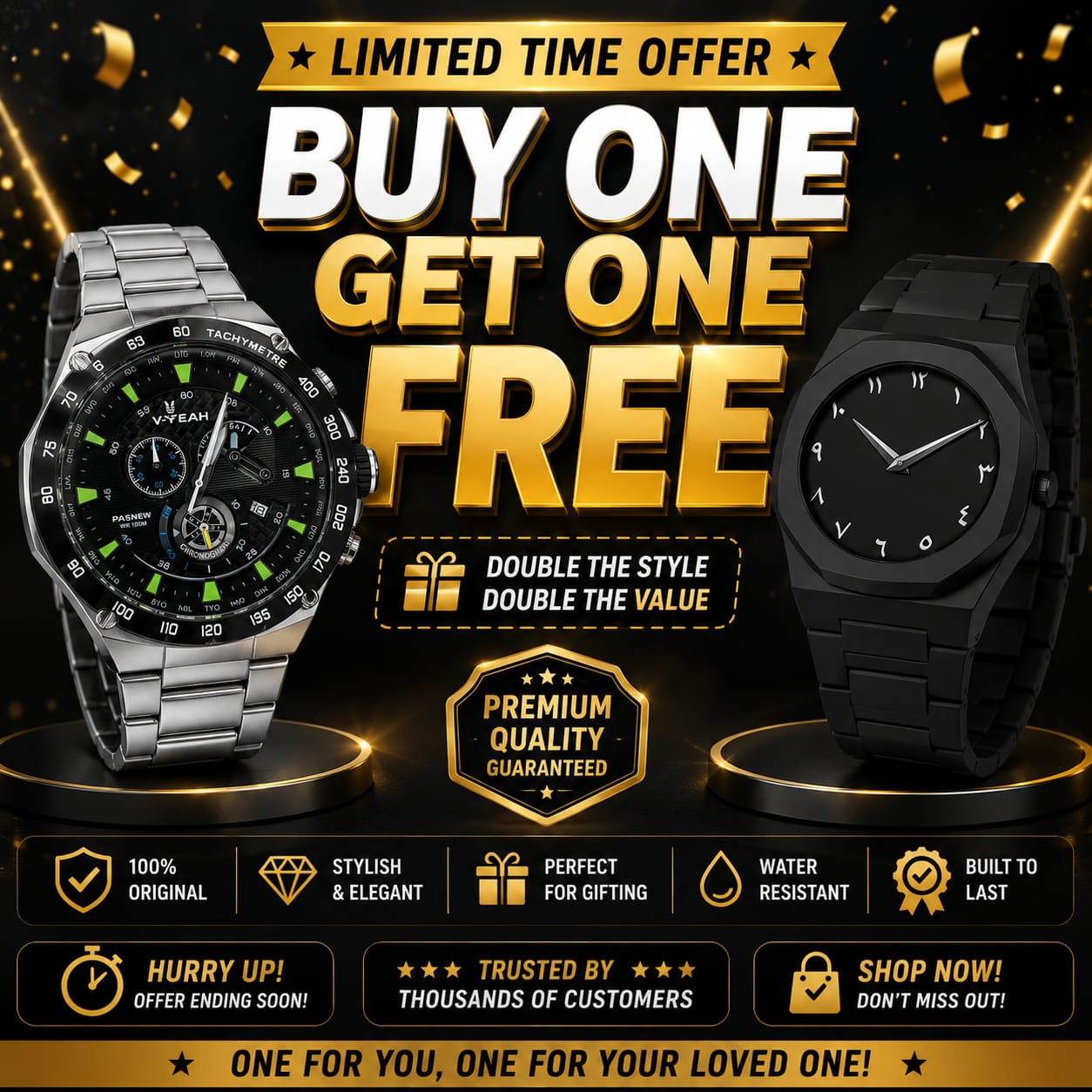 Buy One Get One Free – Silver & Black Premium Men’s Watch Combo