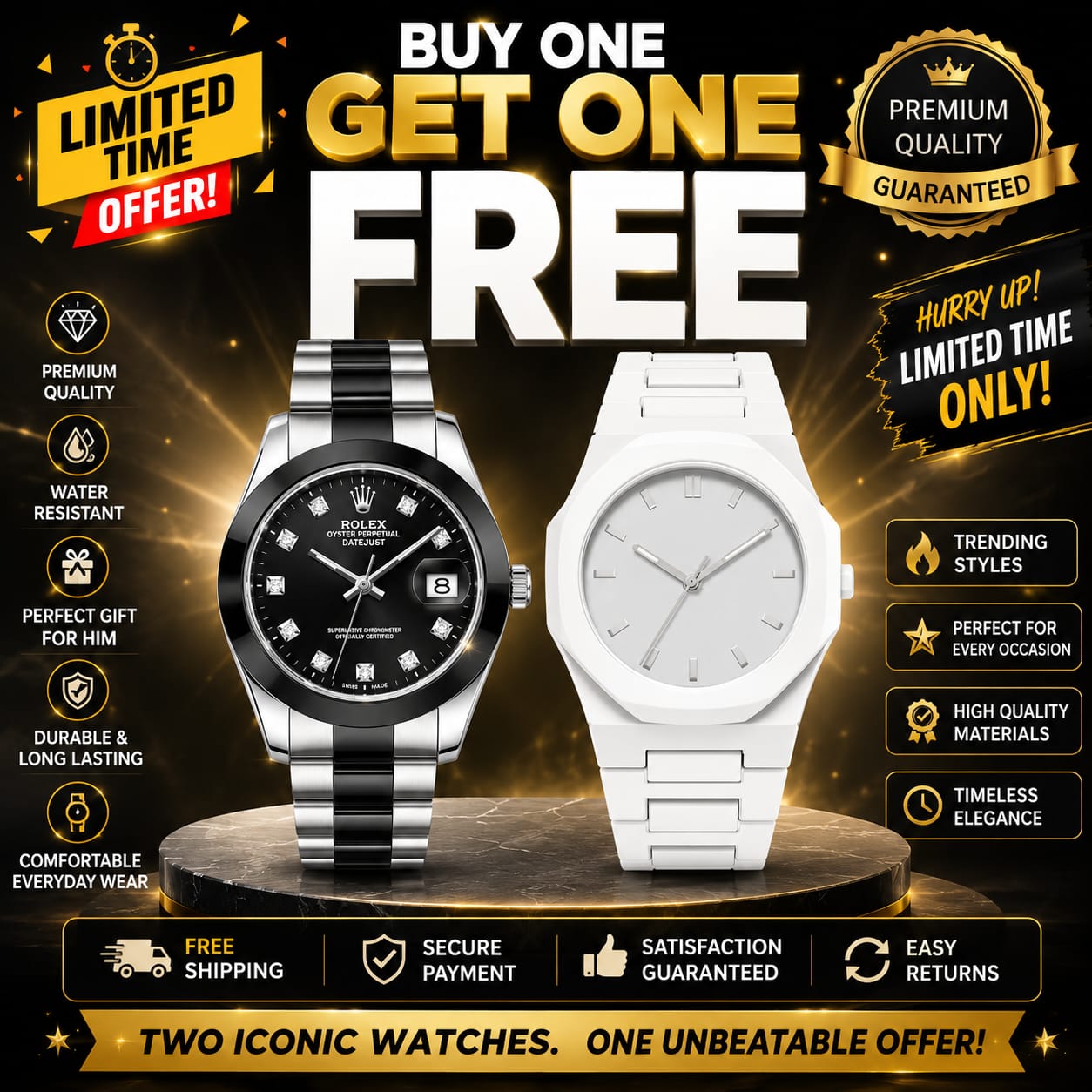 Buy One Get One Free – Black & White Premium Watch Combo