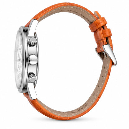 Automatic Multifunction Leather Strap Watch – White Dial & Orange Strap