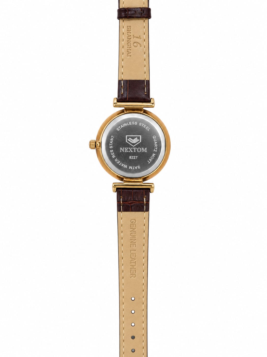 NEXTOM Women's Brown Leather Strap Watch – Black Dial Gold Case Elegant Analog Wristwatch