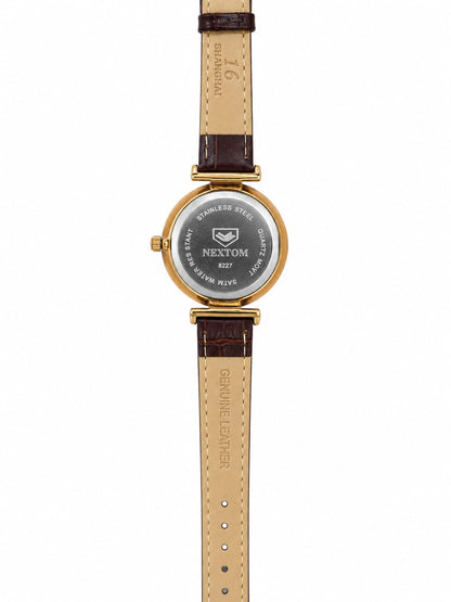 NEXTOM Women's Brown Leather Strap Watch – Black Dial Gold Case Elegant Analog Wristwatch