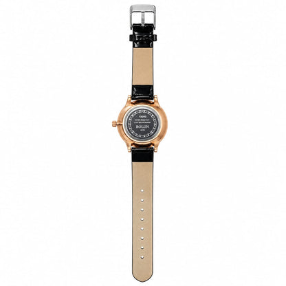 BOLUN Women's Rose Gold Crystal Watch – Green Dial Black Leather Strap Analog Wristwatch